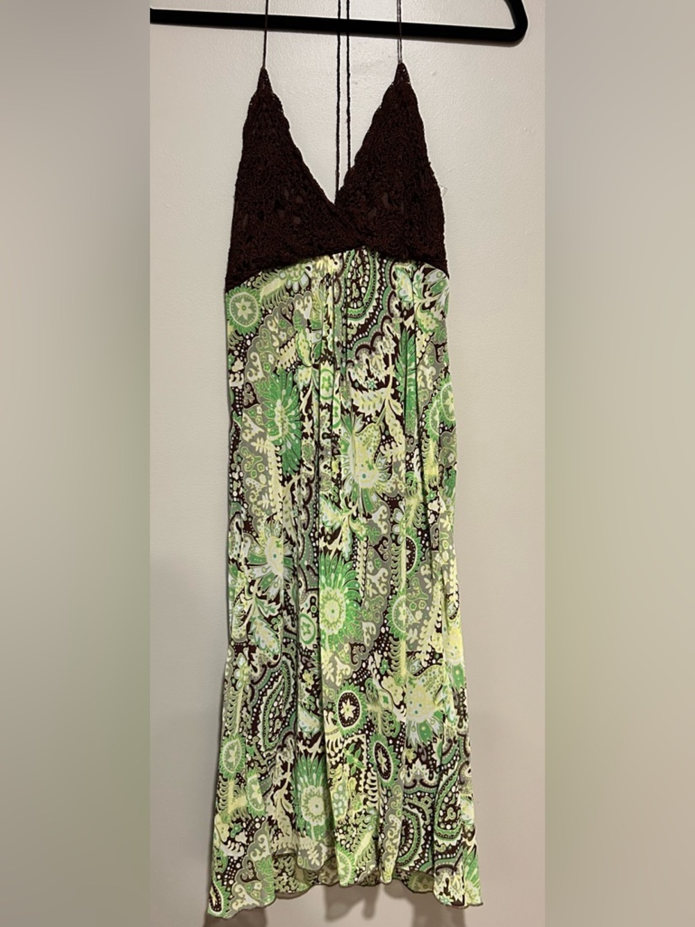 Bison Bisou women’s halter dress size 8 in green & Brown with lace detailing